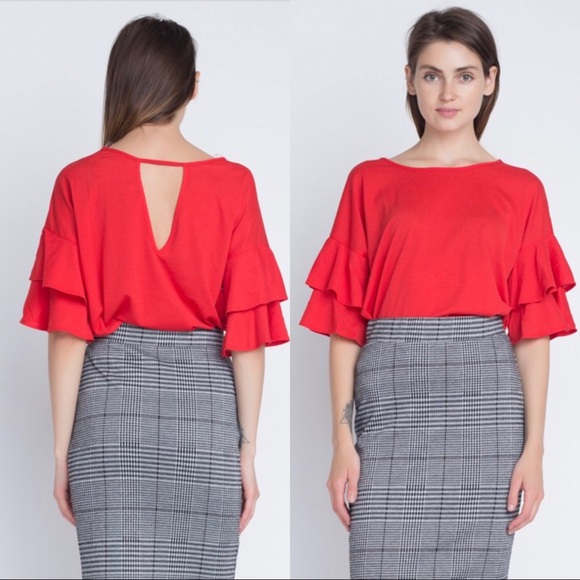 Red ruffle sleeve keyhole cut out  blouse - Picture 1 of 5